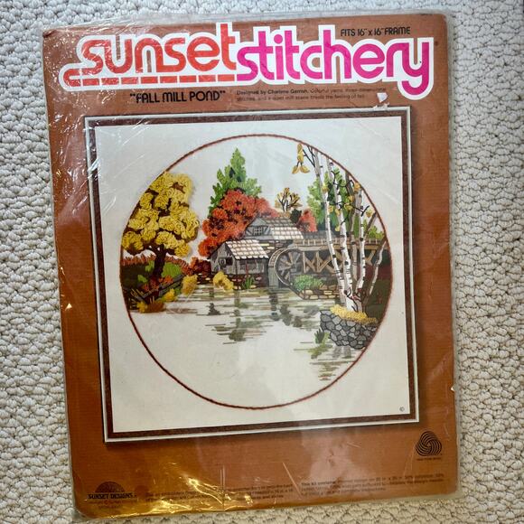 Sunset Stitchery Stamped Crewel Embroidery Kit Fall Mill Pond Fits 16"x16" Frame - Picture 1 of 4